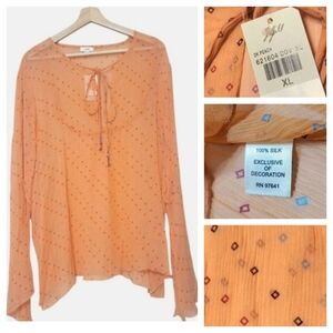 J.Jill 100% Silk Print Tie Front Blouse Womens XL New MSRP $78 Peach Coral Sheer